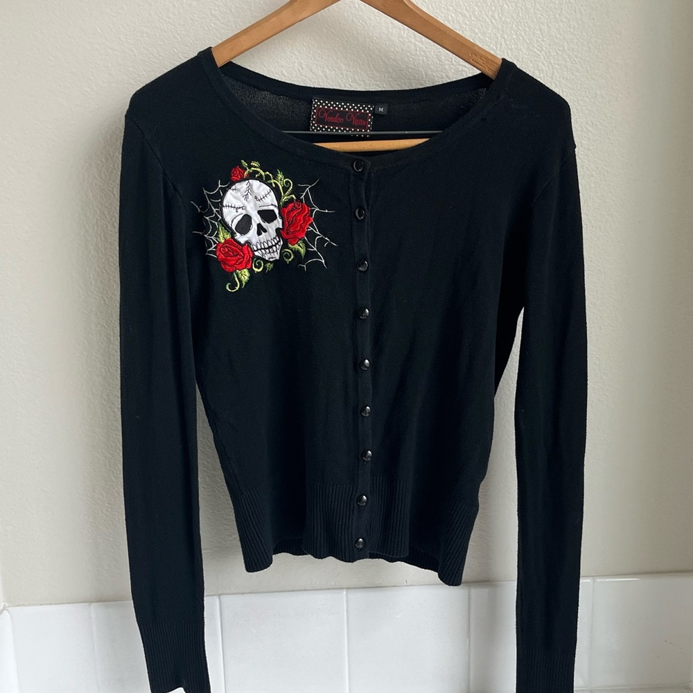 Voodoo Vixen Black Cardigan with Skull and Rose Embroidery